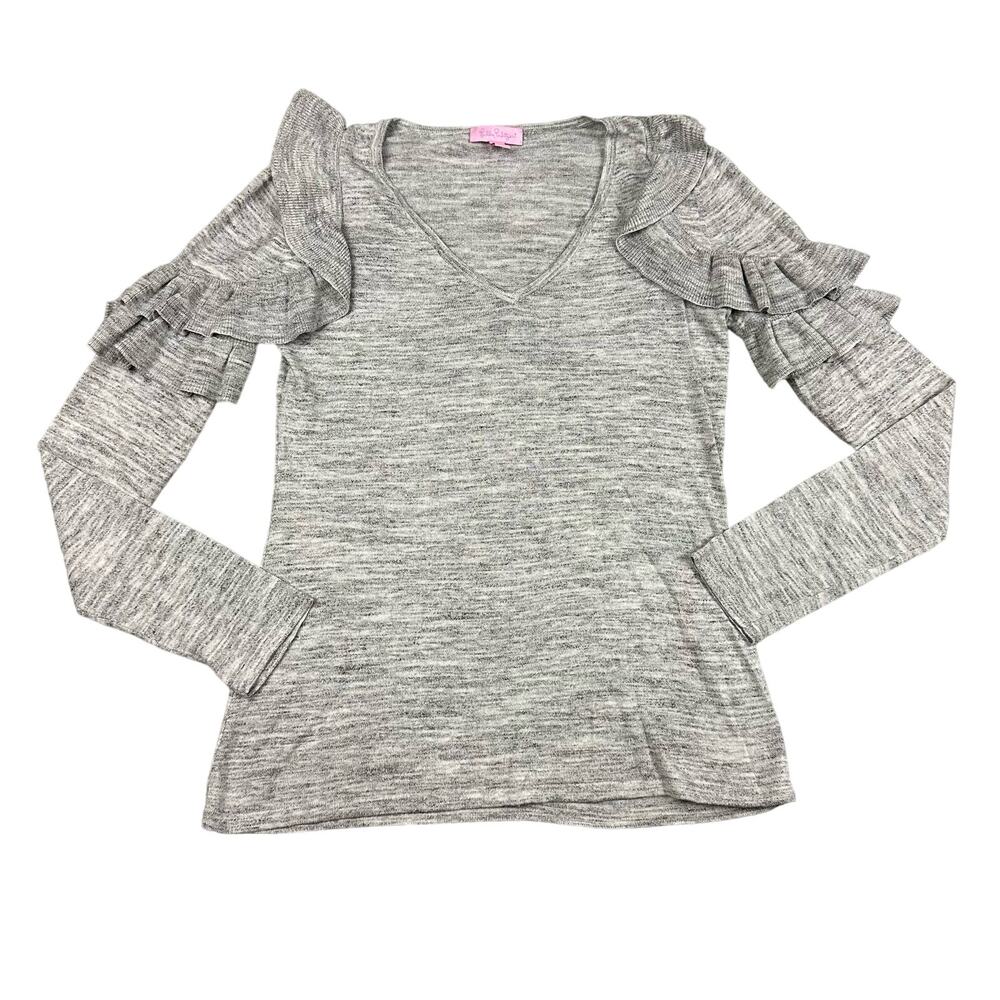 Lilly‎ Pulitzer Size S Womens Marbled Gray Ruffle Sleeve Fresca Sweater